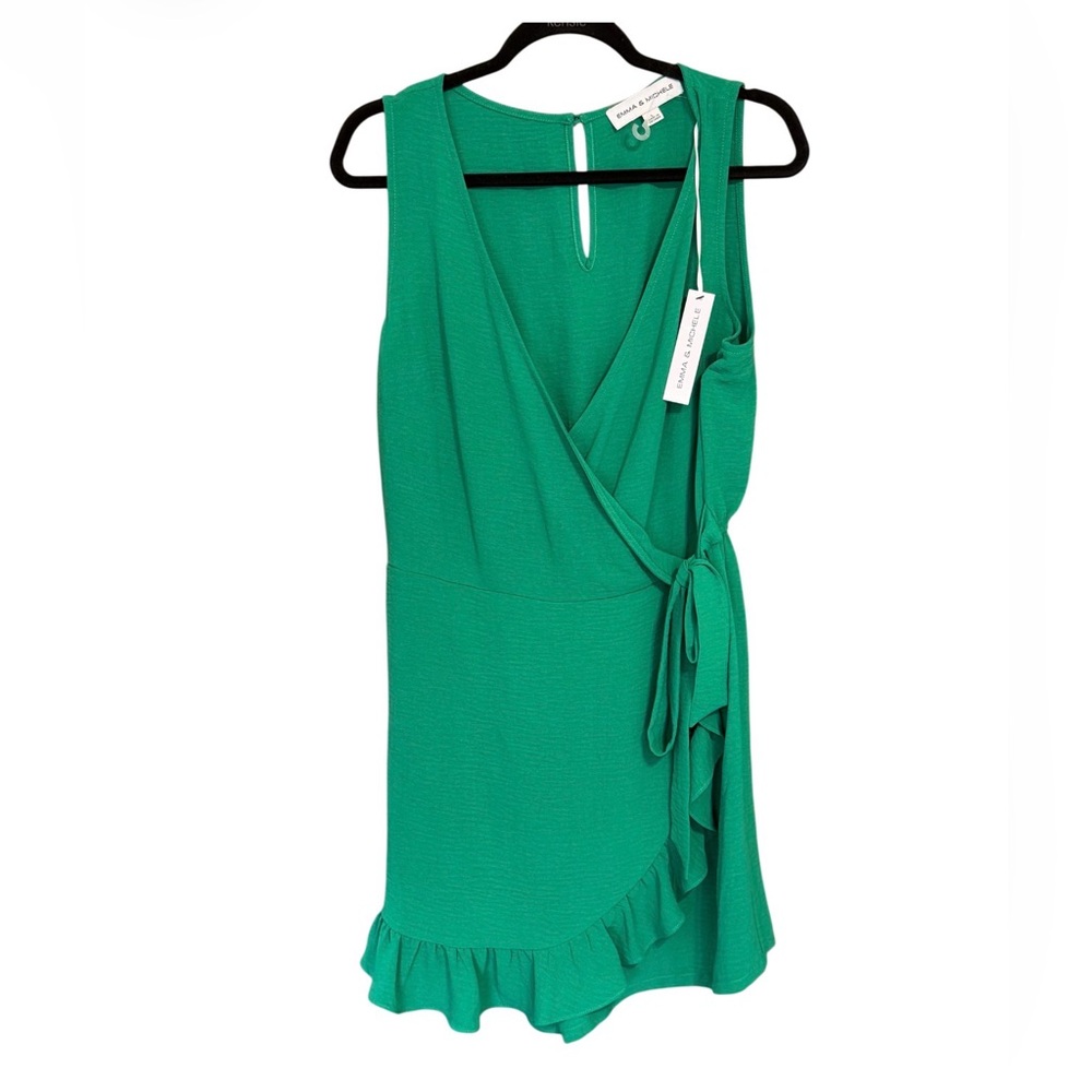 Emma & Michele Green Faux Wrap Ruffle Hem Skort Sleeveless V-Neck Size L NWT